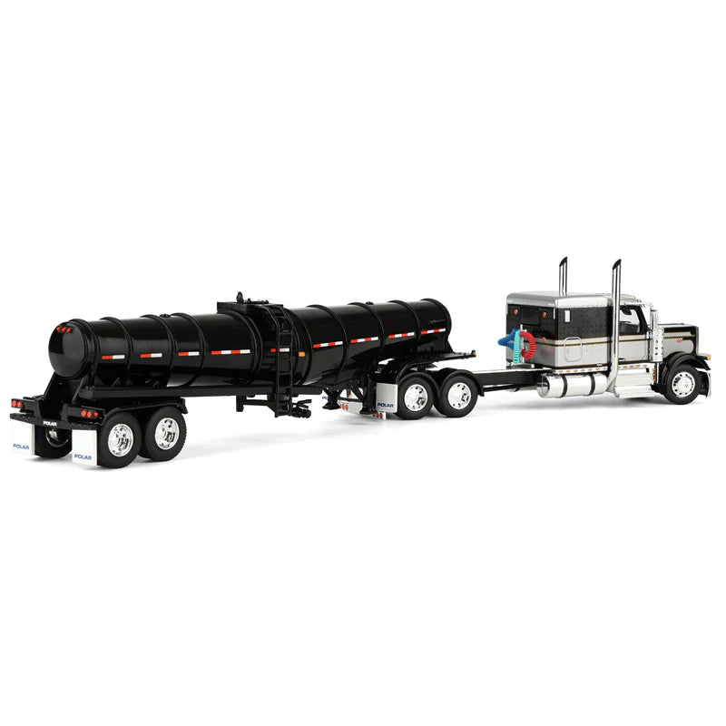 1/64 Black Peterbilt 589 Semi Truck with 63in Flat Top Sleeper Cab & Polar Deep Drop Trailer