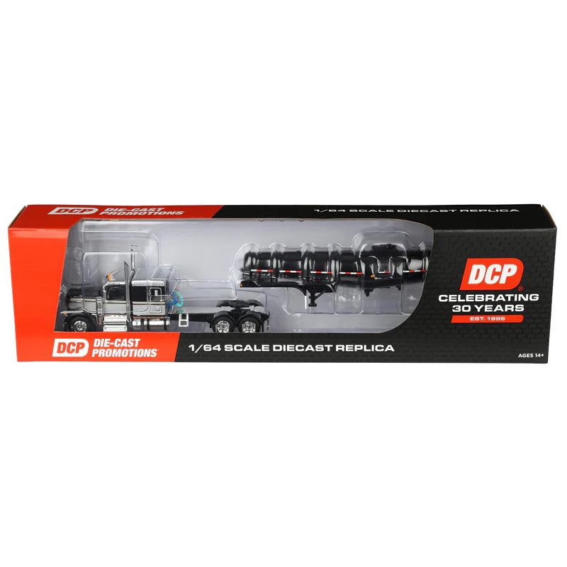 1/64 Black Peterbilt 589 Semi Truck with 63in Flat Top Sleeper Cab & Polar Deep Drop Trailer