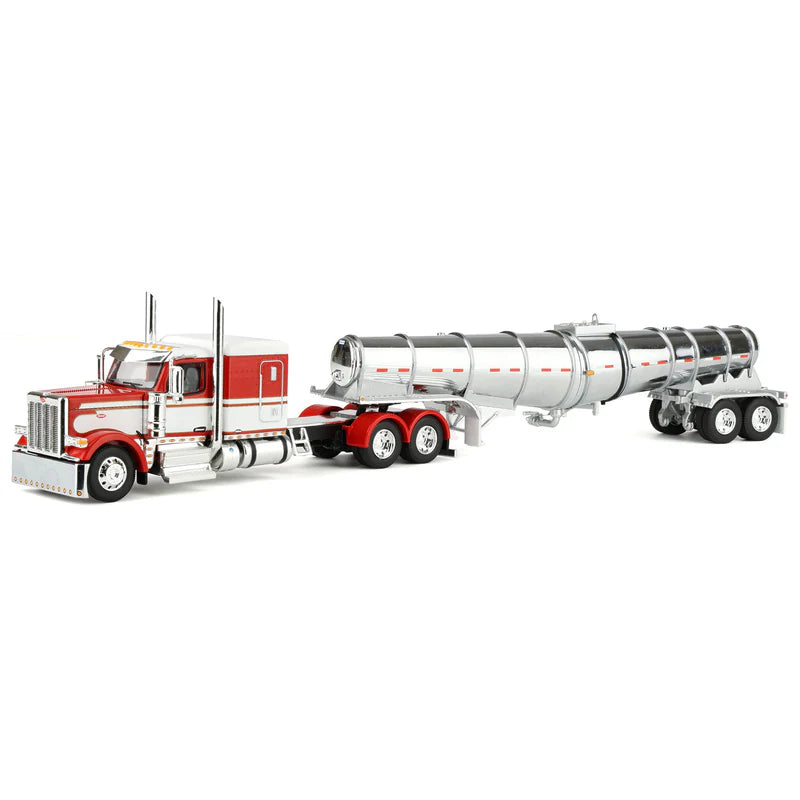 1/64 Red/White Peterbilt 589 Semi Truck with 63in Flat Top Sleeper Cab & Chrome Polar Deep Drop Trailer, DCP by First Gear