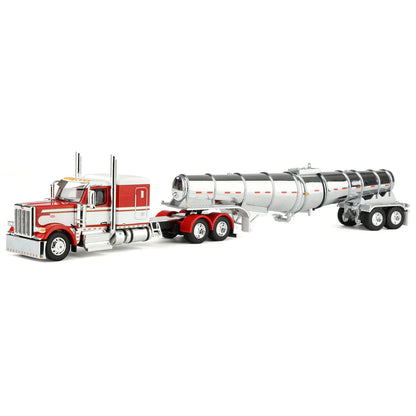 1/64 Red/White Peterbilt 589 Semi Truck with 63in Flat Top Sleeper Cab & Chrome Polar Deep Drop Trailer, DCP by First Gear