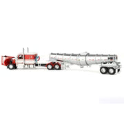 1/64 Red/White Peterbilt 589 Semi Truck with 63in Flat Top Sleeper Cab & Chrome Polar Deep Drop Trailer, DCP by First Gear