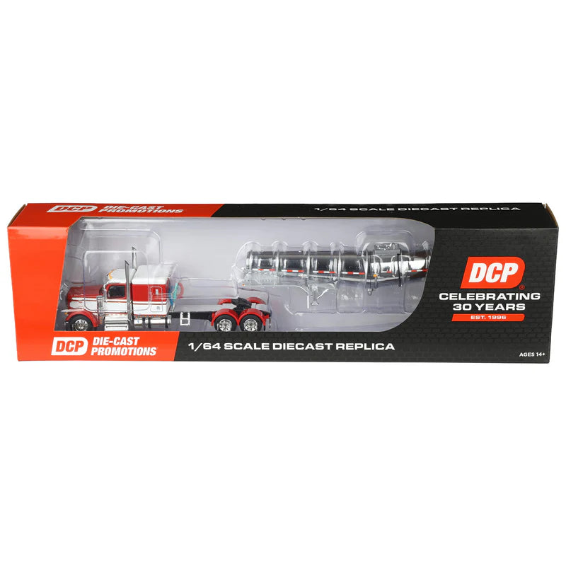 1/64 Red/White Peterbilt 589 Semi Truck with 63in Flat Top Sleeper Cab & Chrome Polar Deep Drop Trailer, DCP by First Gear