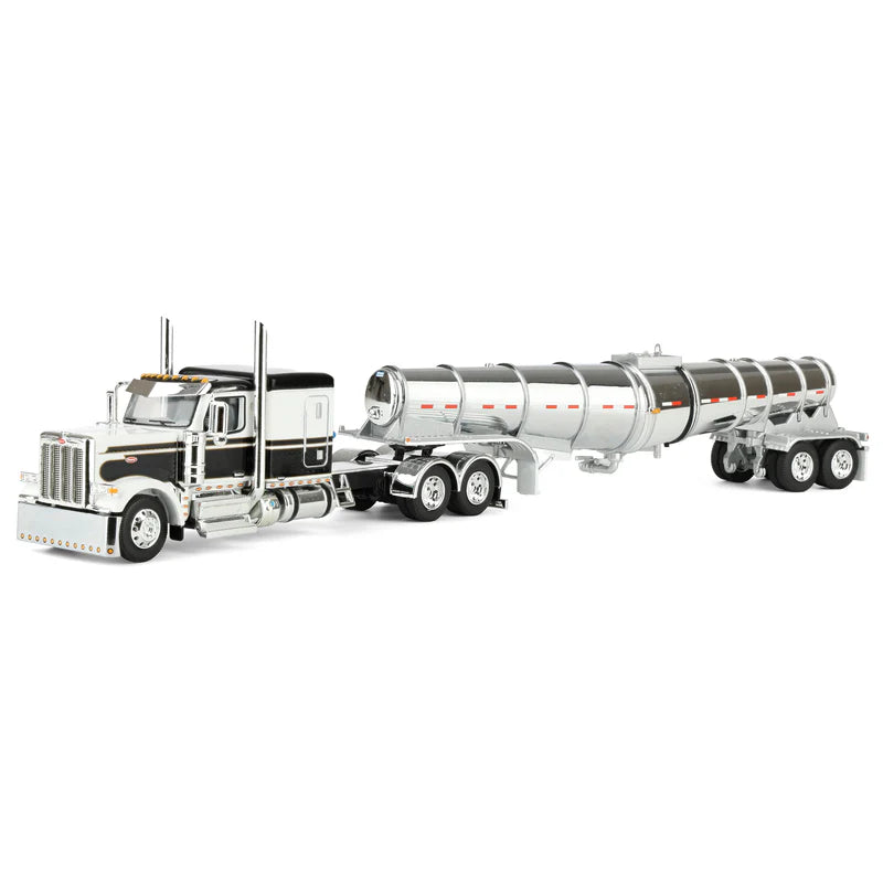 1/64 Black/White Peterbilt 589 Semi Truck with 63in Flat Top Sleeper Cab & Chrome Polar Deep Drop Trailer, DCP by First Gear