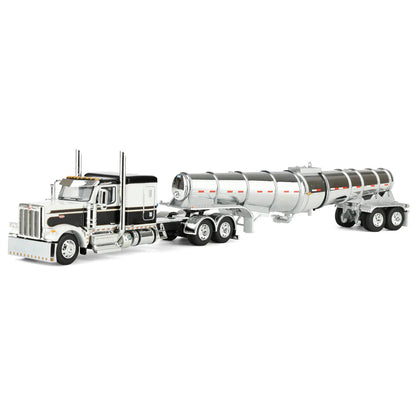 1/64 Black/White Peterbilt 589 Semi Truck with 63in Flat Top Sleeper Cab & Chrome Polar Deep Drop Trailer, DCP by First Gear