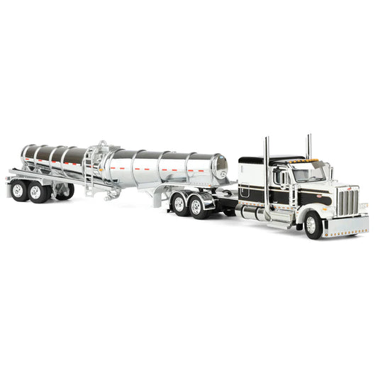 1/64 Black/White Peterbilt 589 Semi Truck with 63in Flat Top Sleeper Cab & Chrome Polar Deep Drop Trailer, DCP by First Gear