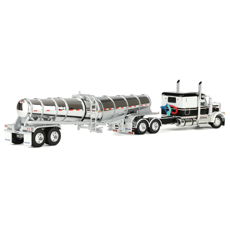 1/64 Black/White Peterbilt 589 Semi Truck with 63in Flat Top Sleeper Cab & Chrome Polar Deep Drop Trailer, DCP by First Gear
