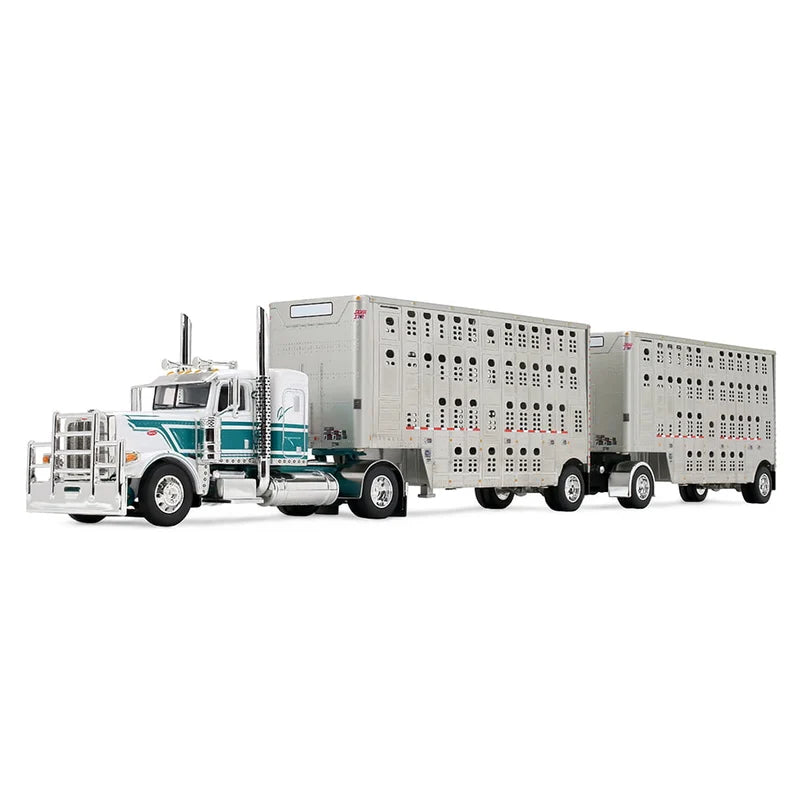 1:64 DCP Peterbilt 389 Flat Top Semi Truck & Wilson Silverstar Double Livestock Trailers, White/Teal