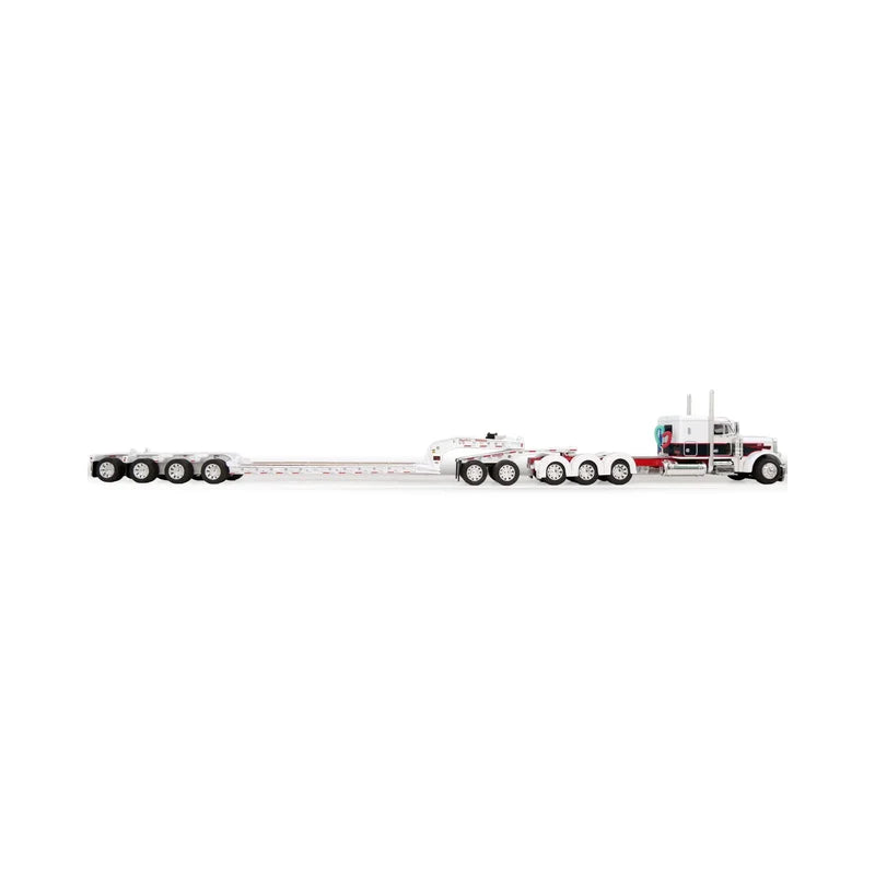 1:64 DCP Peterbilt 379 Semi Truck with Lowboy Trailer, Jeep & 4th Flip Axle, White/Black/Red