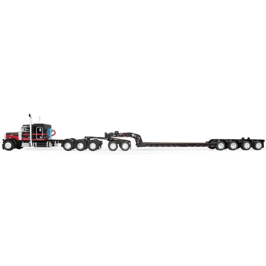 1:64 DCP Peterbilt 379 Semi Truck with Lowboy Trailer, Jeep & 4th Flip Axle, Black/Red