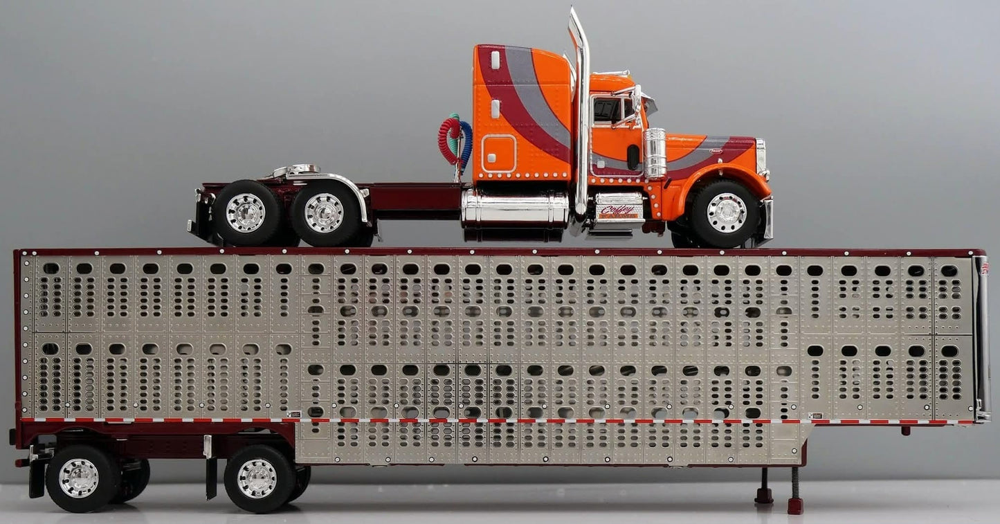 1:64 DCP Orange Red and Gray Peterbilt 379 with Wilson Spread Axle Cattle Trailer Coffey Farms