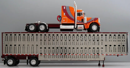1:64 DCP Orange Red and Gray Peterbilt 379 with Wilson Spread Axle Cattle Trailer Coffey Farms