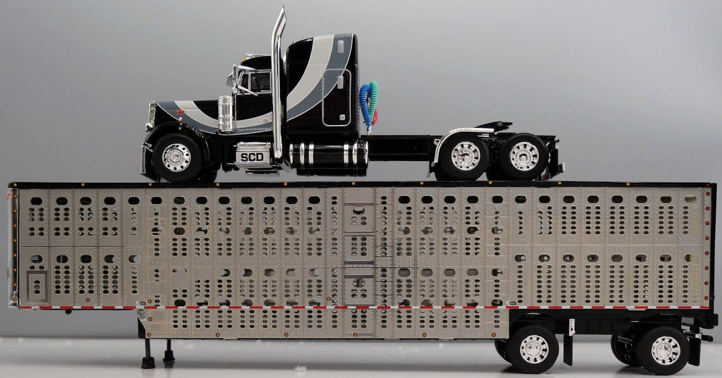 1:64 DCP Black Gray and Silver Peterbilt 379 with Wilson Spread Axle Cattle Trailer SCD