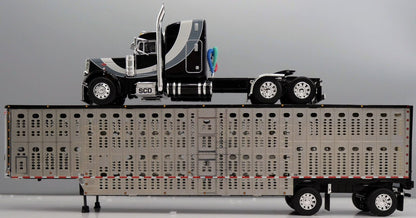 1:64 DCP Black Gray and Silver Peterbilt 379 with Wilson Spread Axle Cattle Trailer SCD
