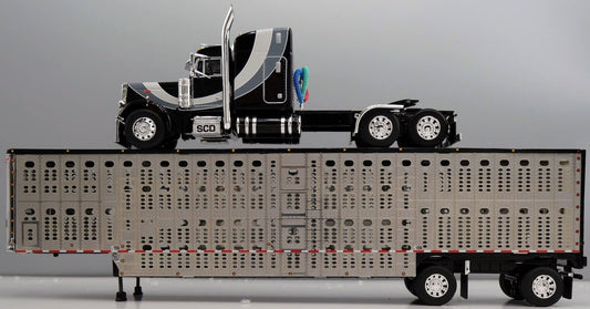 1:64 DCP Black Gray and Silver Peterbilt 379 with Wilson Spread Axle Cattle Trailer SCD