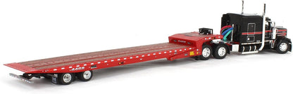 1:64 DCP W900L with 72" AeroCab Sleeper & Landoll 440B-50CA Traveling Axle Trailer Black and Viper Red