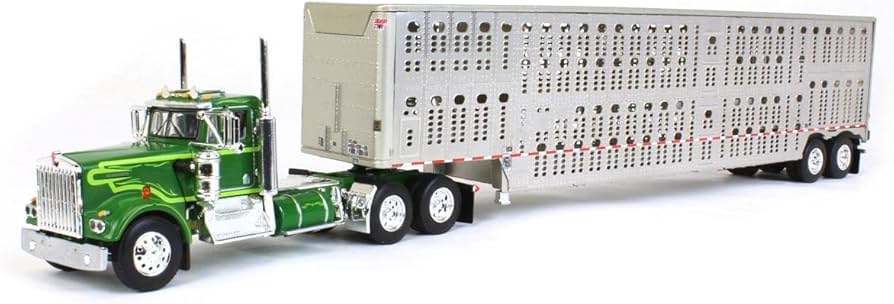 1:64 DCP Neon and Dark Green Kenworth W900A Day Cab w/ Wilson Silver Star Livestock Trailer