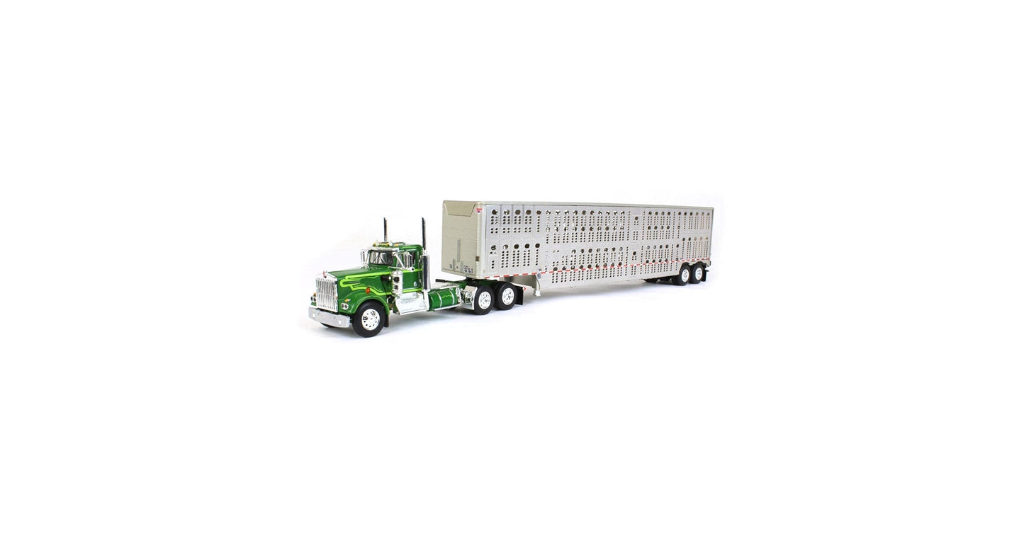 1:64 DCP Neon and Dark Green Kenworth W900A Day Cab w/ Wilson Silver Star Livestock Trailer