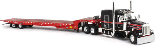 1:64 DCP W900L with 72" AeroCab Sleeper & Landoll 440B-50CA Traveling Axle Trailer Black and Viper Red