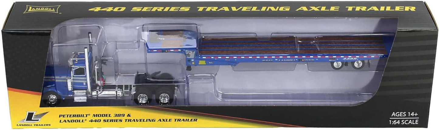 1:64 DCP Blue Peterbilt 389 Day Cab Landoll 440B Traveling Axle Trailer