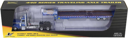 1:64 DCP Blue Peterbilt 389 Day Cab Landoll 440B Traveling Axle Trailer
