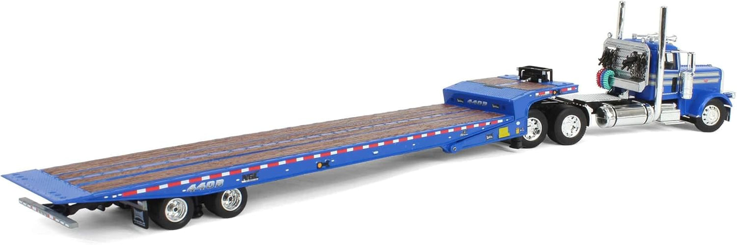 1:64 DCP Blue Peterbilt 389 Day Cab Landoll 440B Traveling Axle Trailer