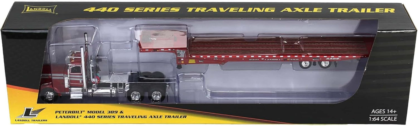 1:64 DCP Red Peterbilt 389 Day Cab Landoll 440B Traveling Axle Trailer