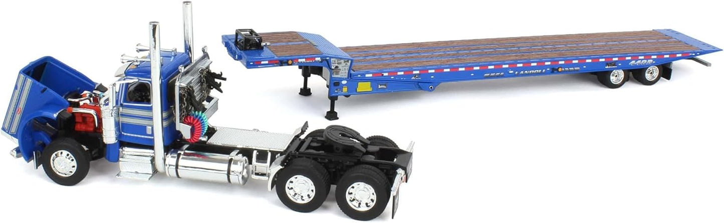 1:64 DCP Blue Peterbilt 389 Day Cab Landoll 440B Traveling Axle Trailer