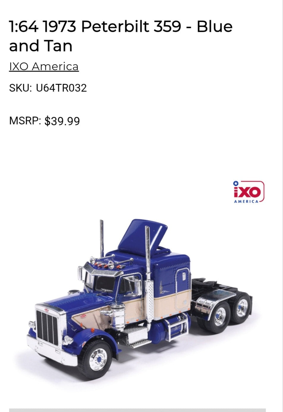 1:64 IXO 1973 Peterbilt 359 Blue and Tan