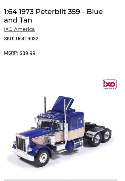 1:64 IXO 1973 Peterbilt 359 Blue and Tan