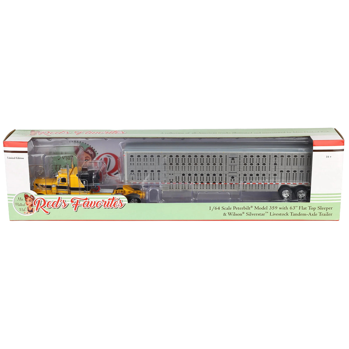 1:64 DCP Red's Favorite - Hank Cosper Peterbilt 359 63" flattop sleeper with Wilson livestock trailer