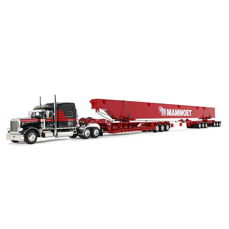 1:64 DCP Peterbilt 379 Semi Truck, Fontaine Magnitude Lowboy Bunk & ERMC 6-Axle Hydra Steer with Bridge Beam Section Load, Black/Red