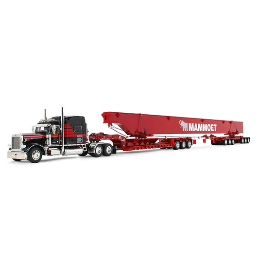 1:64 DCP Peterbilt 379 Semi Truck, Fontaine Magnitude Lowboy Bunk & ERMC 6-Axle Hydra Steer with Bridge Beam Section Load, Black/Red