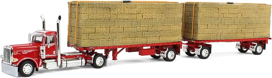 1:64 DCP Viper Red Peterbilt 389 28.5ft Utility Dual Hay Flatbeds and Hay Load