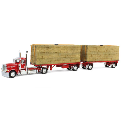 1:64 DCP Viper Red Peterbilt 389 28.5ft Utility Dual Hay Flatbeds and Hay Load
