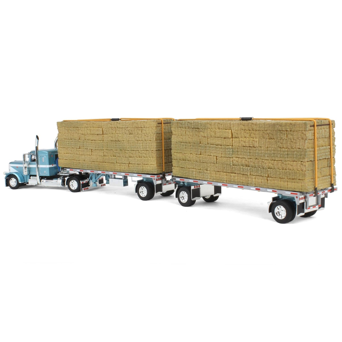 1:64 DCP Peterbilt Model 389 Semi Truck with 36 Flat Top Sleeper in Pacific Blue with 28.5' Utility Dual Hay Flatbed