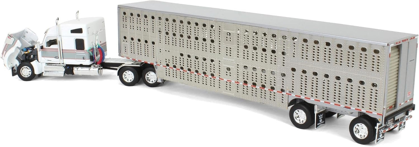 1:64 DCP White & Gray Kenworth W990 with Wilson Silverstar Livestock Quad-Axle Trailer