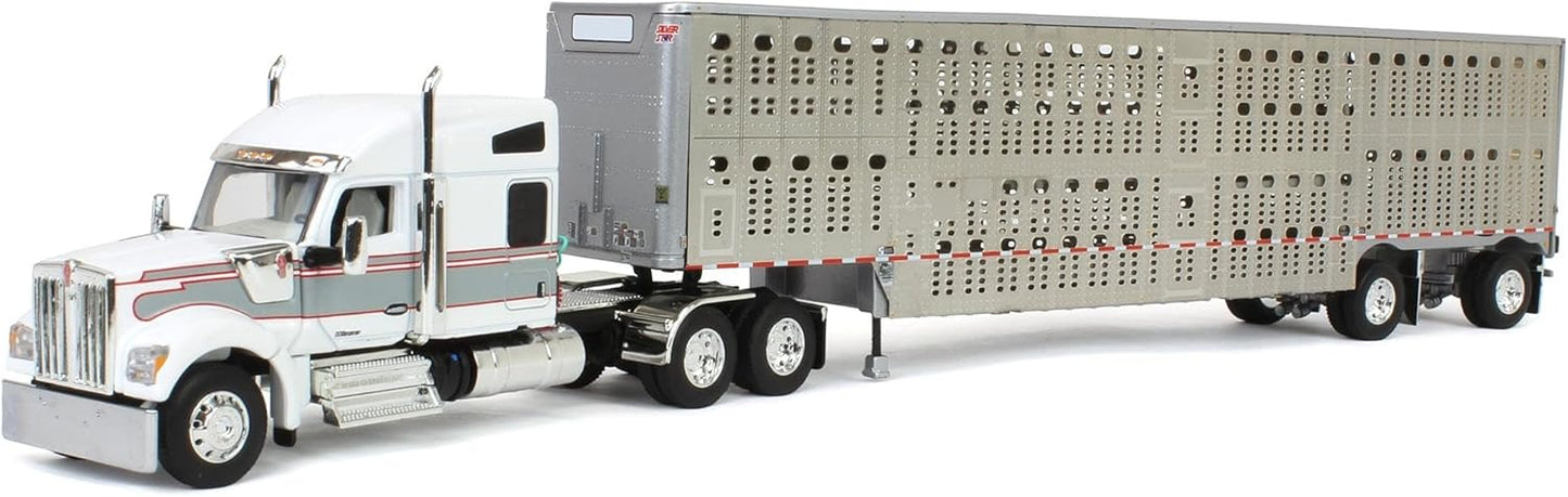 1:64 DCP White & Gray Kenworth W990 with Wilson Silverstar Livestock Quad-Axle Trailer