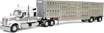 1:64 DCP White & Gray Kenworth W990 with Wilson Silverstar Livestock Quad-Axle Trailer