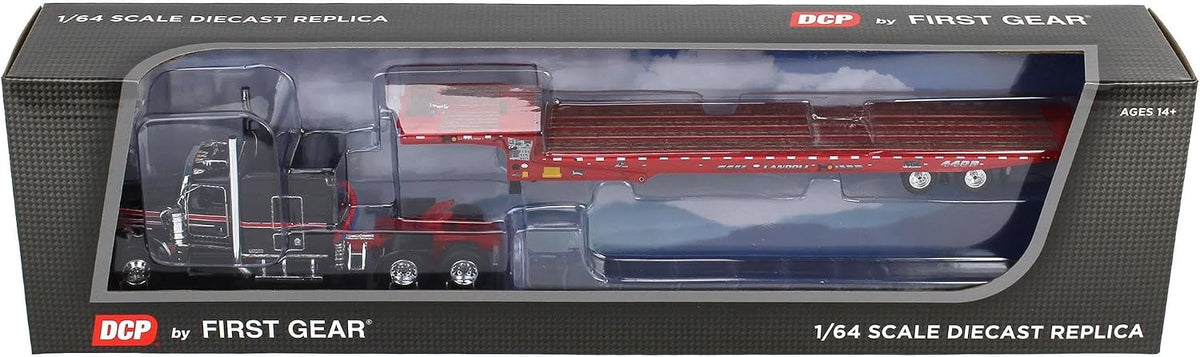 1:64 DCP W900L with 72" AeroCab Sleeper & Landoll 440B-50CA Traveling Axle Trailer Black and Viper Red