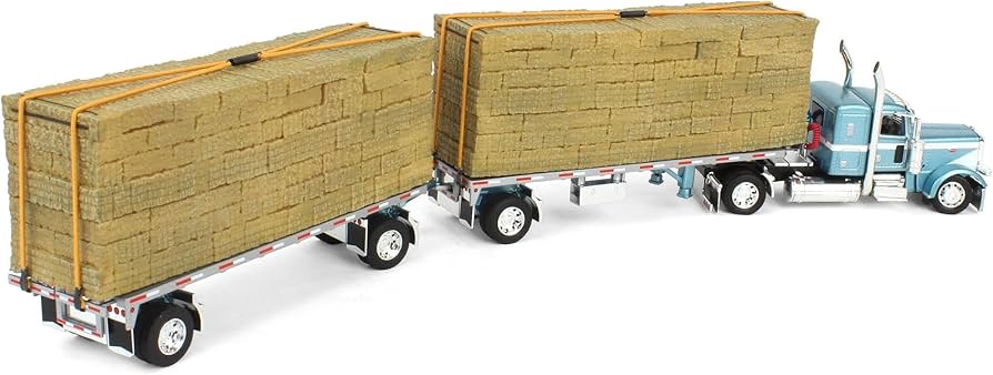 1:64 DCP Peterbilt Model 389 Semi Truck with 36 Flat Top Sleeper in Pacific Blue with 28.5' Utility Dual Hay Flatbed