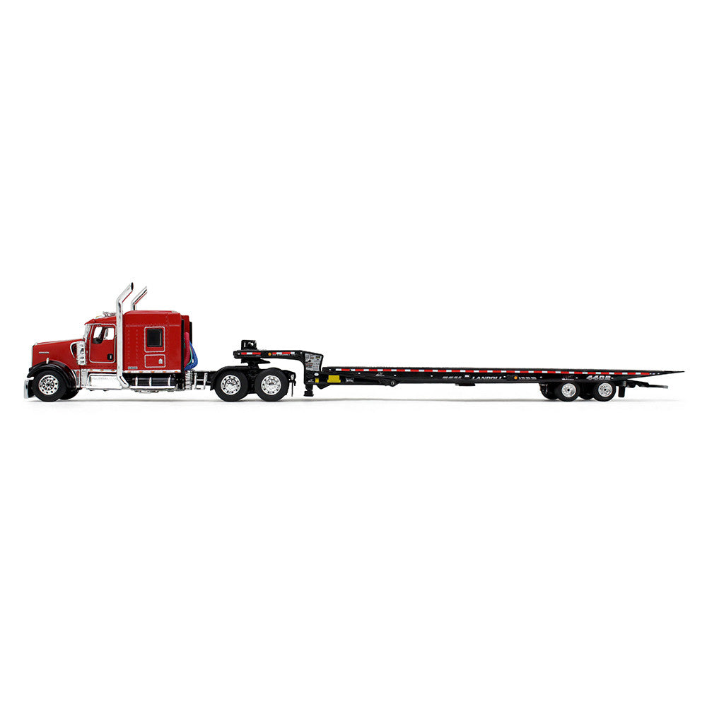 1:64 DCP W900L with 72" AeroCab Sleeper & Landoll 440B-50CA Traveling Axle Trailer Black and Viper Red
