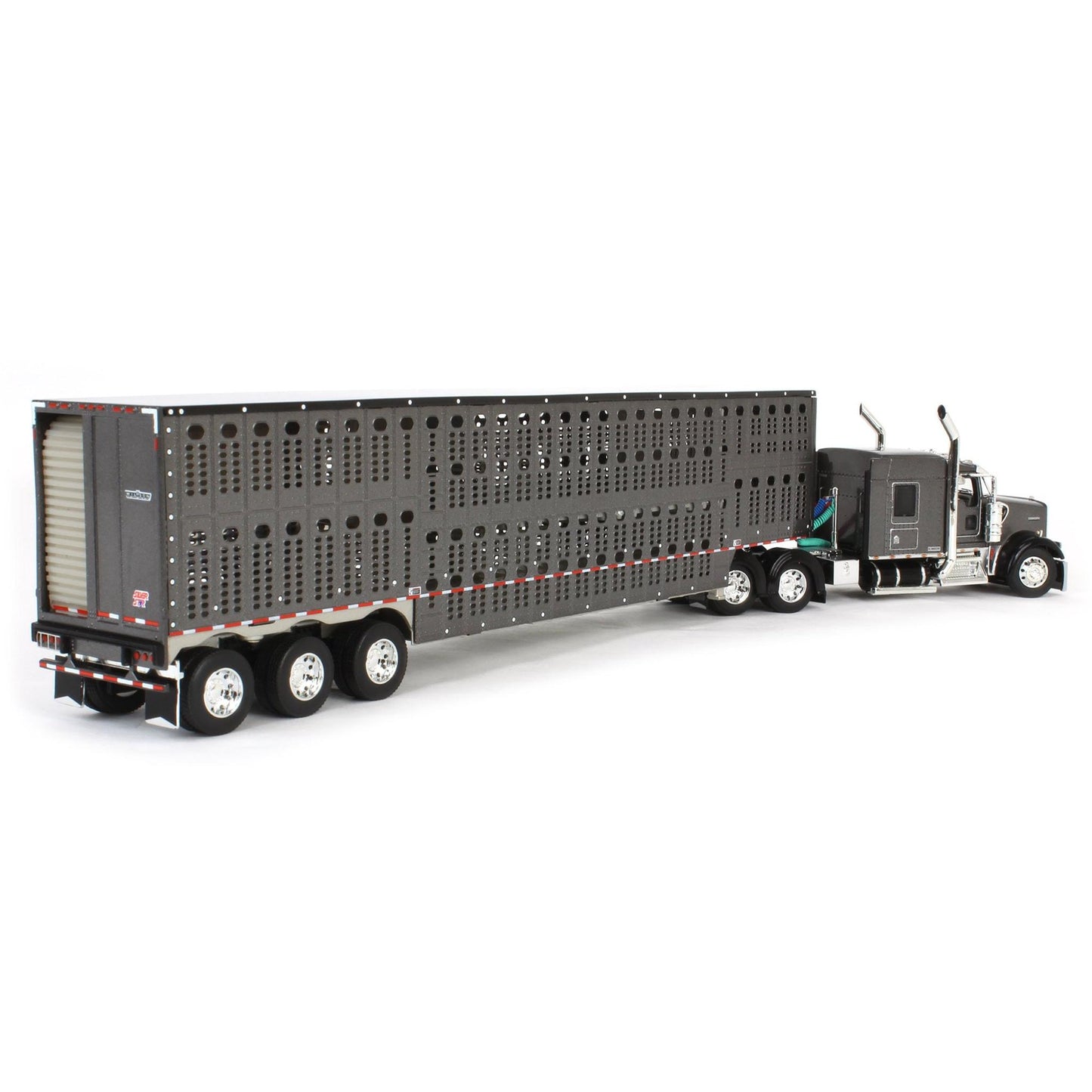 1:64 DCP Gunmetal and black Kenworth W900L 72" Aerocab Flattop sleeper and Wilson silver star tri axle livestock trailer