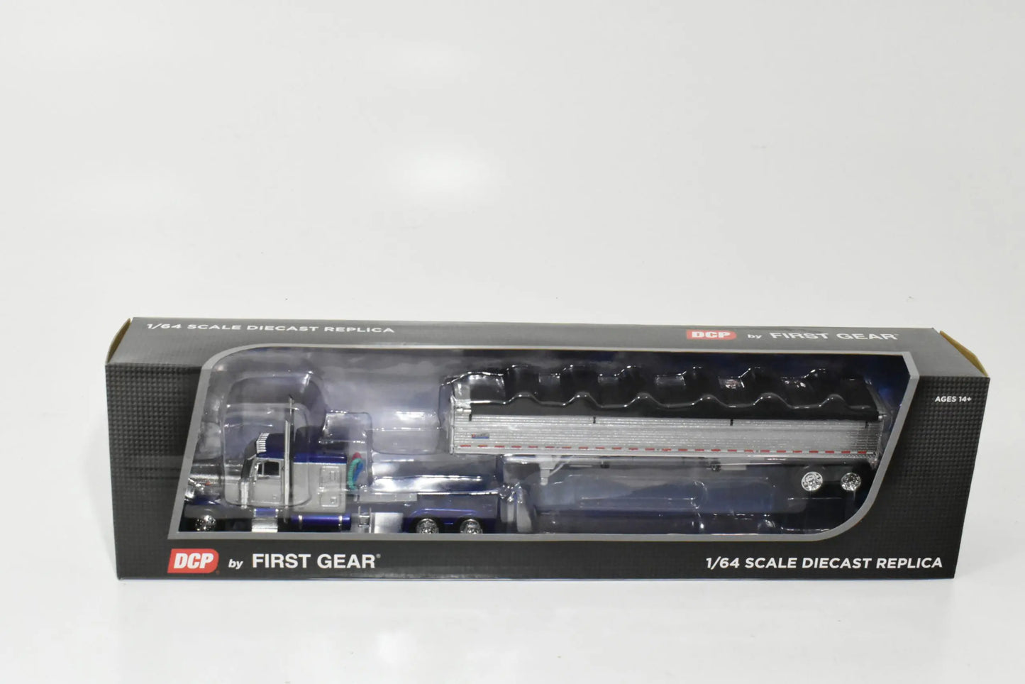1:64 DCP Blue/Silver Peterbilt 379 Semi With Silver Tandem Axle Hopper Grain Trailer