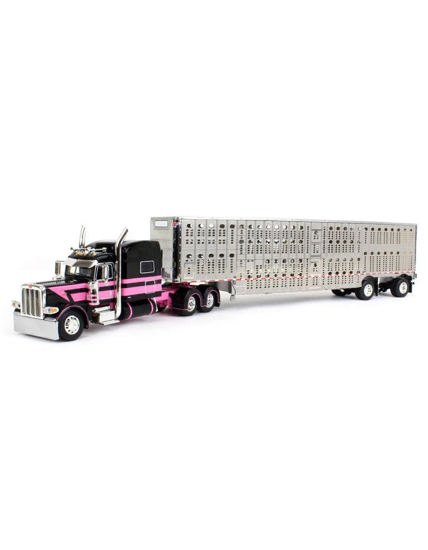 1:64 DCP Black and Pink Peterbilt 389 with 70 inch Standup Bunk and Wilson Spread Axle Cattle Trailer