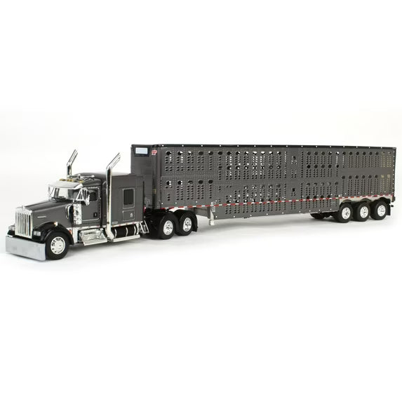 1:64 DCP Gunmetal and black Kenworth W900L 72" Aerocab Flattop sleeper and Wilson silver star tri axle livestock trailer