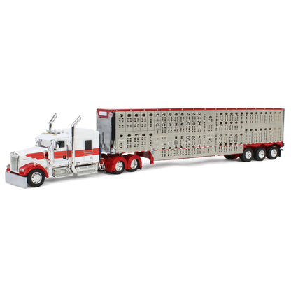 1:64 DCP White and Red Kenworth W900L 72" Aerocab Flattop sleeper and Wilson silver star tri axle livestock trailer