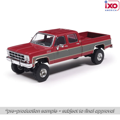 1:64 IXO 1977 GMC Sierra Grande K2500 Crew Cab Wideside - Dark Red Metallic and Silver Special Two-Tone - Lifted