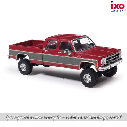 1:64 IXO 1977 GMC Sierra Grande K2500 Crew Cab Wideside - Dark Red Metallic and Silver Special Two-Tone - Lifted