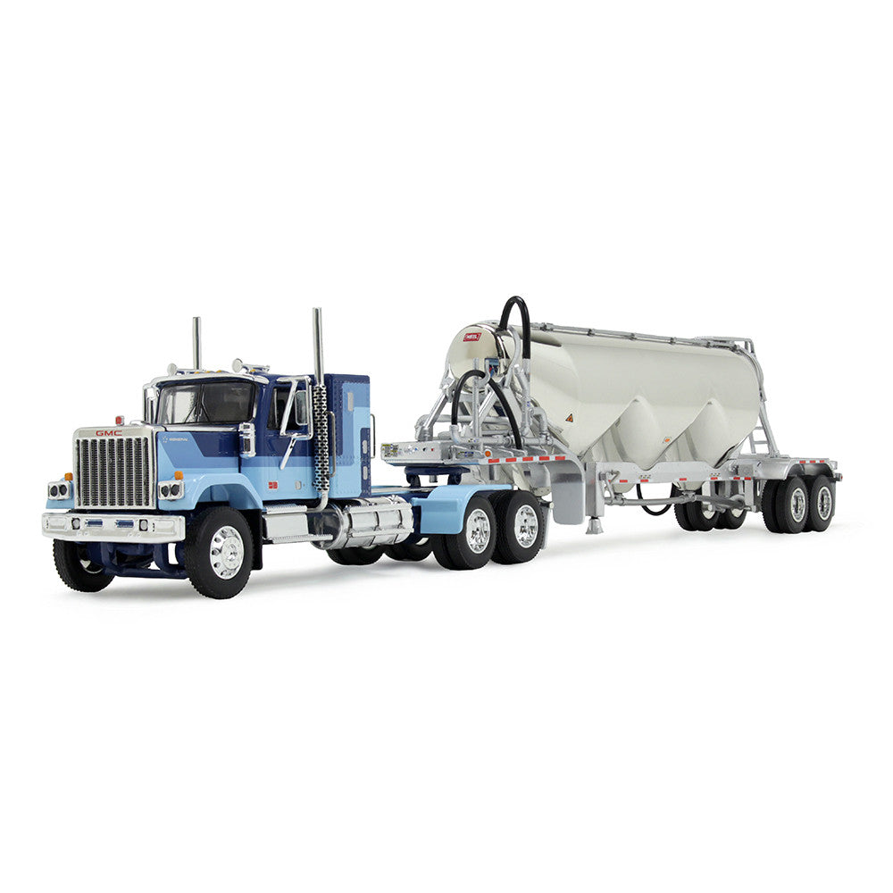 1:64 DCP Blue and Light Blue GMC General with 34" Flat-Top Sleeper and Pneumatic Trailer