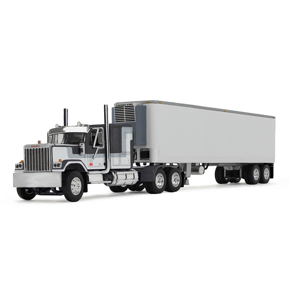 1:64 DCP Black & Gray GMC General with 60" Flat-Top Sleeper and 40' Vintage Reefer Trailer